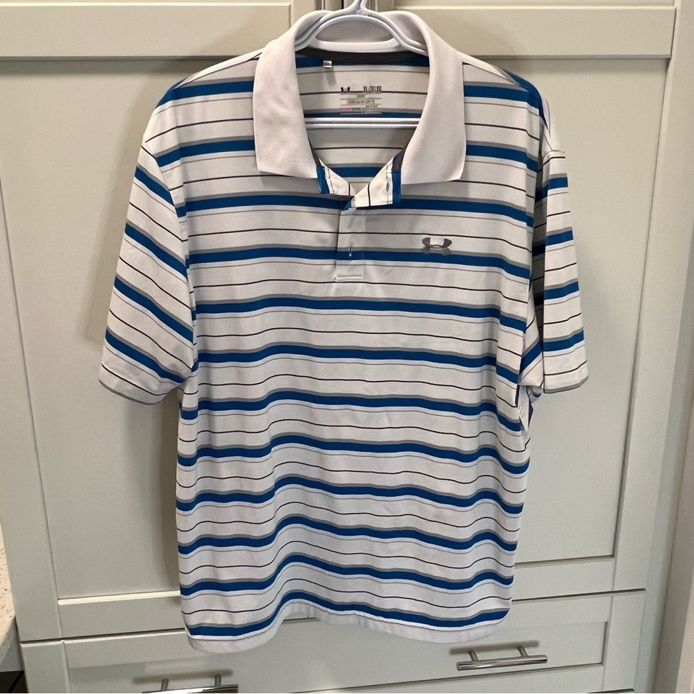 UNDER ARMOUR Striped Blue and White Golf Polo Shirt | Embroidered Logo | Size XL